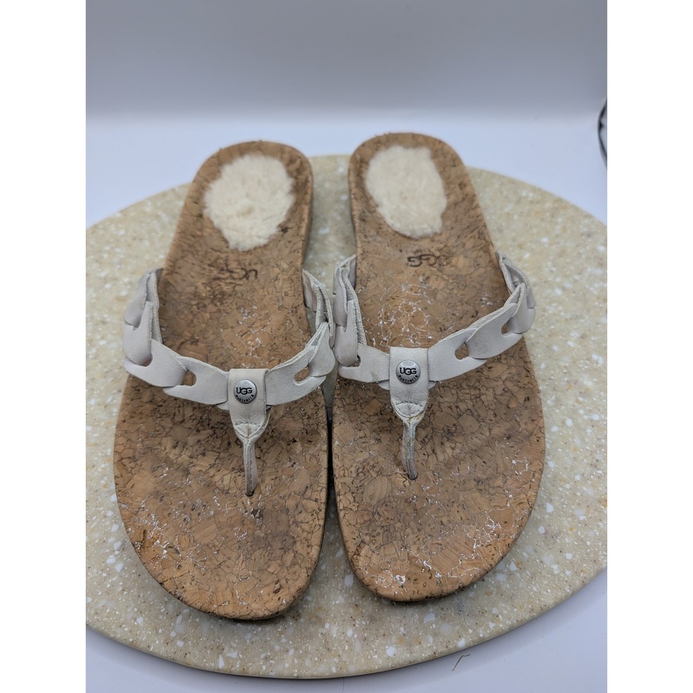 UGG Sandals Womens Size 9 Ivory Cork Wedge Leather Thong Flip Flop Platform